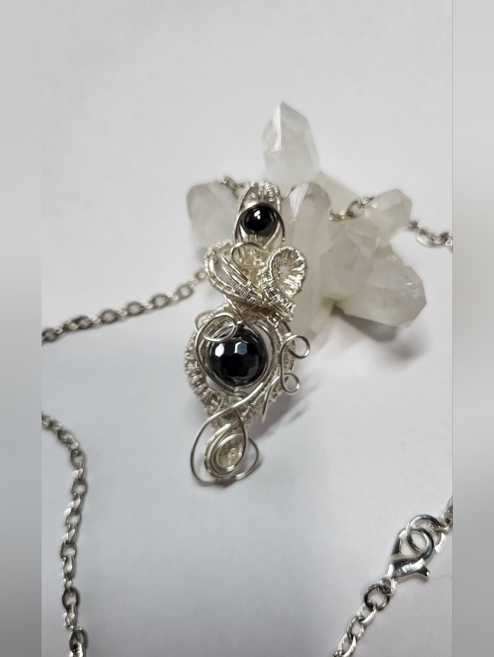 Handcrafted Silver Wire Pendant Necklace with Black Hematite Gemstone